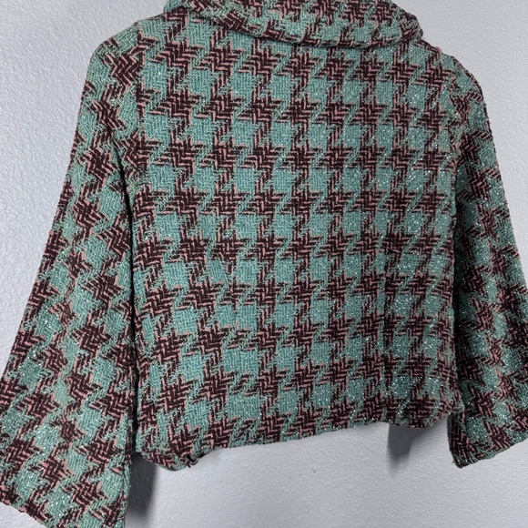 VTG Voxx Bouclé Cropped Blazer | Green Brown Metallic Shimmer Cowl Neck - Size M - Picture 6 of 10